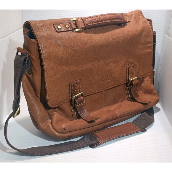 Kenneth Cole Leather Messenger Bag Briefcase Tan Brown - Picture 1 of 16